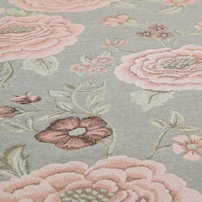 Anna Rose Grey Pink Colour Large Floral Leaf Soft Chenille Fabric JO-169 - Roman Blinds