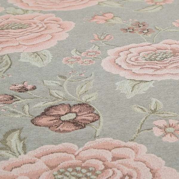 Anna Rose Grey Pink Colour Large Floral Leaf Soft Chenille Fabric JO-169