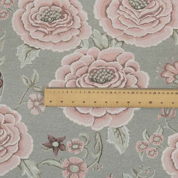 Anna Rose Grey Pink Colour Large Floral Leaf Soft Chenille Fabric JO-169 - Roman Blinds