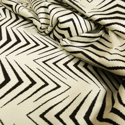 Geometric Thin Chevron Striped Cream Black Colour Pattern Velvet Upholstery Fabric JO-17 - Handmade Cushions