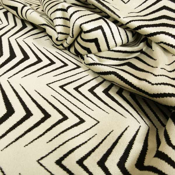 Geometric Thin Chevron Striped Cream Black Colour Pattern Velvet Upholstery Fabric JO-17 - Made To Measure Curtains