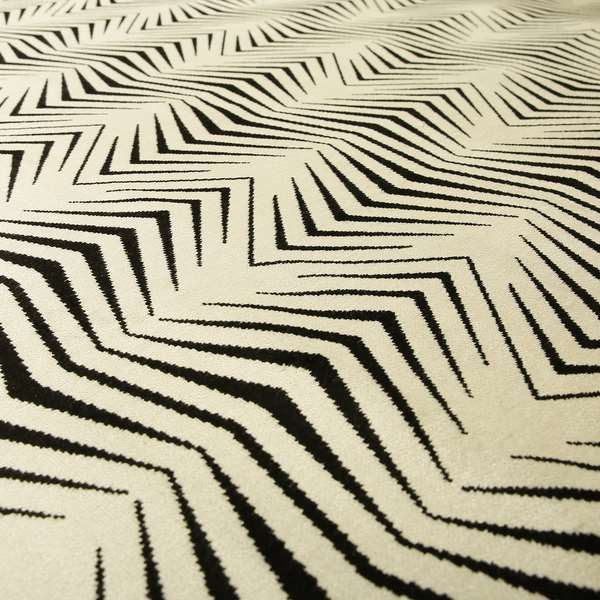 Geometric Thin Chevron Striped Cream Black Colour Pattern Velvet Upholstery Fabric JO-17 - Made To Measure Curtains