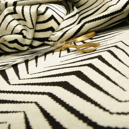 Geometric Thin Chevron Striped Cream Black Colour Pattern Velvet Upholstery Fabric JO-17 - Made To Measure Curtains