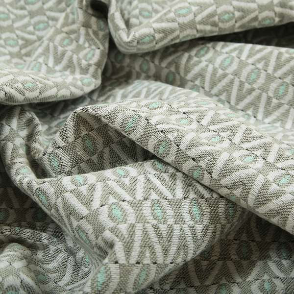 Uzbek Decorative Geometric Pattern Teal White Colour Soft Chenille Fabric JO-175 - Made To Measure Curtains