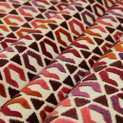 Ziani Designer Geometric Pattern In Vibrant Purple Red Pink Orange Colour Velvet Upholstery Fabric JO-179 - Roman Blinds