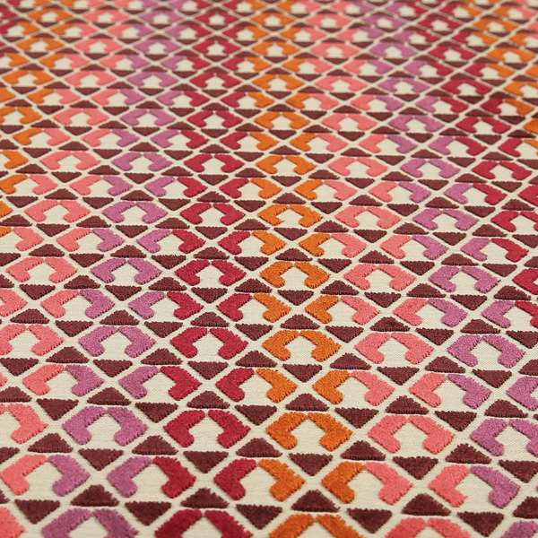 Ziani Designer Geometric Pattern In Vibrant Purple Red Pink Orange Colour Velvet Upholstery Fabric JO-179 - Roman Blinds