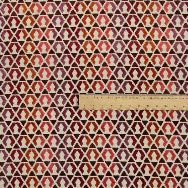 Ziani Designer Geometric Pattern In Vibrant Purple Red Pink Orange Colour Velvet Upholstery Fabric JO-179 - Roman Blinds