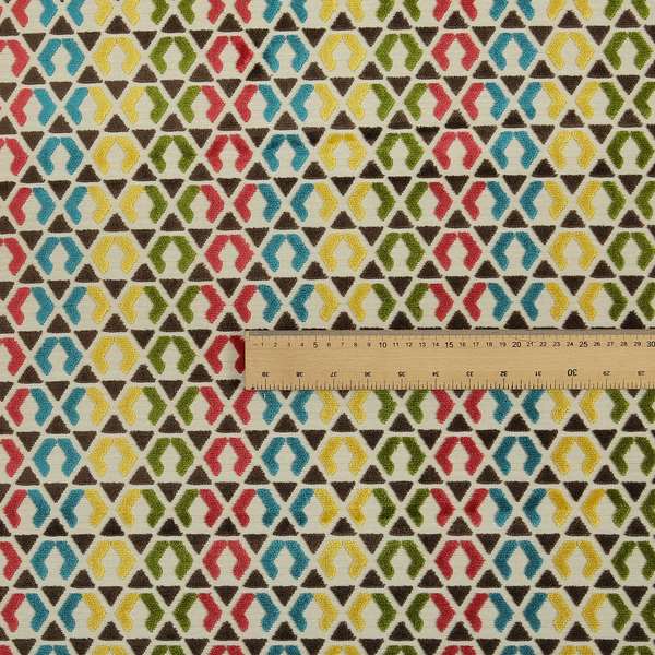 Ziani Designer Geometric Pattern In Vibrant Yellow Blue Brown Pink Green Colour Velvet Fabric JO-180 - Roman Blinds