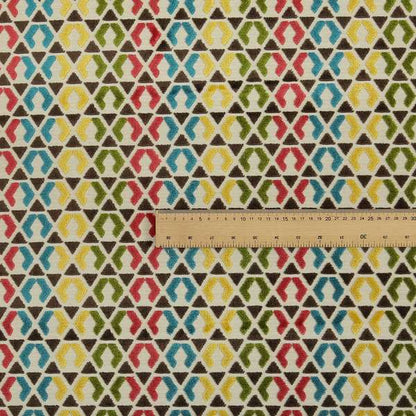 Ziani Designer Geometric Pattern In Vibrant Yellow Blue Brown Pink Green Colour Velvet Fabric JO-180 - Roman Blinds