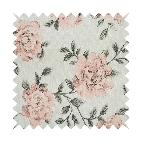 Floral Pattern Chenille Fabric In White Pink Colour JO-186 - Made To Measure Curtains