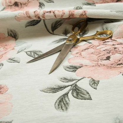 Floral Pattern Chenille Fabric In White Pink Colour JO-186 - Made To Measure Curtains