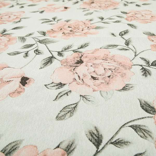 Floral Pattern Chenille Fabric In White Pink Colour JO-186 - Made To Measure Curtains