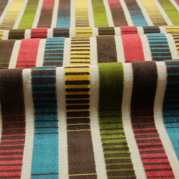 Ziani Designer Faded Striped Pattern In Vibrant Yellow Blue Brown Green Colour Velvet Upholstery Fabric JO-190