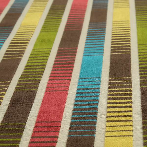 Ziani Designer Faded Striped Pattern In Vibrant Yellow Blue Brown Green Colour Velvet Upholstery Fabric JO-190 - Roman Blinds