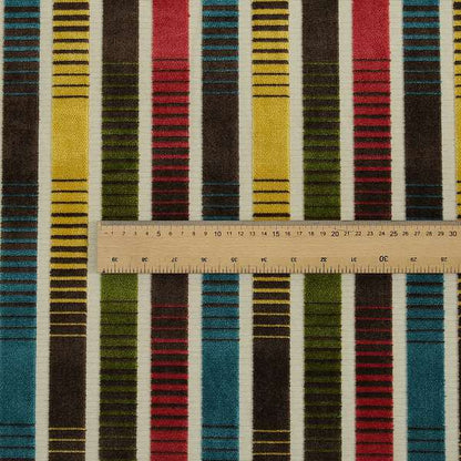 Ziani Designer Faded Striped Pattern In Vibrant Yellow Blue Brown Green Colour Velvet Upholstery Fabric JO-190 - Roman Blinds