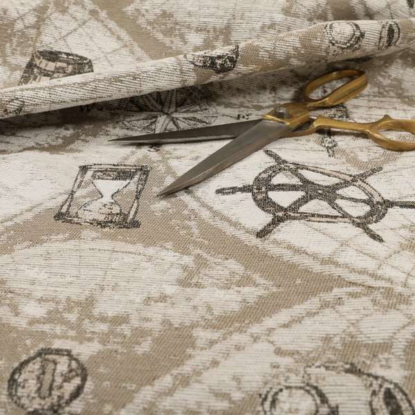 Ahoy Fabric Collection Nautical Sailor Inspired Design Motif Fabric For The Sea Lovers In Beige Brown Colour Jacquard Woven Furnishing Fabric JO-192 - Made To Measure Curtains