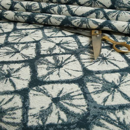 Geometric Stone Design Cream Blue Colour Chenille Upholstery Fabric JO-20 - Made To Measure Curtains