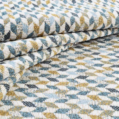 Yellow Blue White Small Geometric Pattern Soft Chenille Upholstery Fabric JO-208 - Made To Measure Curtains