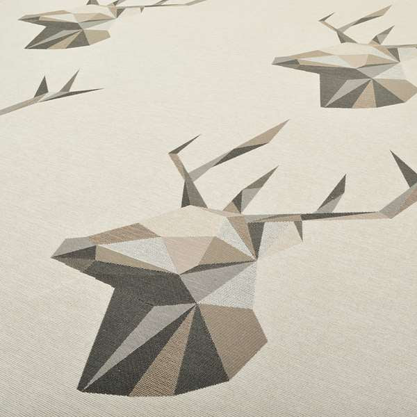 Beige Brown Colour Stag Head Animal In Geometric Pattern Soft Chenille Upholstery Fabric JO-210 - Made To Measure Curtains