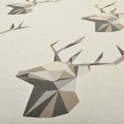 Beige Brown Colour Stag Head Animal In Geometric Pattern Soft Chenille Upholstery Fabric JO-210 - Made To Measure Curtains