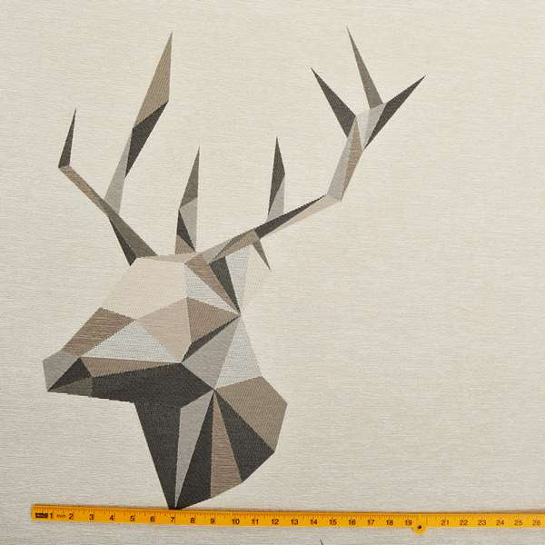 Beige Brown Colour Stag Head Animal In Geometric Pattern Soft Chenille Upholstery Fabric JO-210 - Made To Measure Curtains