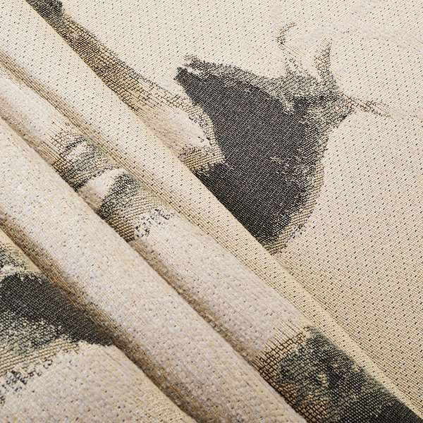 Beige Colour Two Full Stags Animal On Plain Background Pattern Soft Chenille Upholstery Fabric JO-211 - Roman Blinds