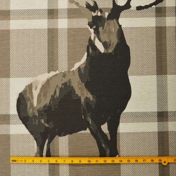Brown Beige Full Stag Animal On Background Checked Pattern Soft Chenille Upholstery Fabric JO-213 - Roman Blinds