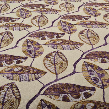 Purple Beige Coloured Floral Inspired Leaf Design Soft Chenille Upholstery Fabric JO-217 - Roman Blinds