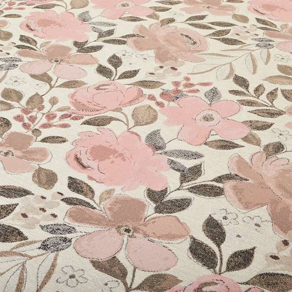 Natural With Pink Floral Theme Design Soft Chenille Upholstery Fabric JO-218 - Roman Blinds