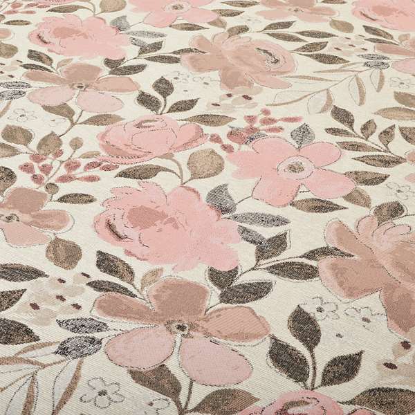 Natural With Pink Floral Theme Design Soft Chenille Upholstery Fabric JO-218 - Made To Measure Curtains