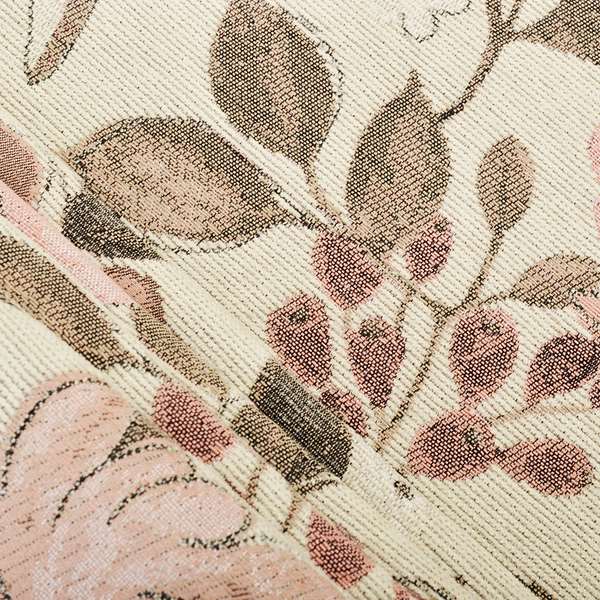 Natural With Pink Floral Theme Design Soft Chenille Upholstery Fabric JO-218 - Made To Measure Curtains
