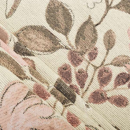 Natural With Pink Floral Theme Design Soft Chenille Upholstery Fabric JO-218 - Made To Measure Curtains