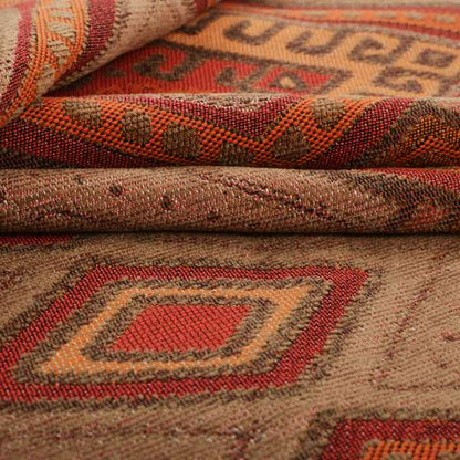 Brown Orange Red Colour Kilim Aztec Geometric Design Soft Chenille Upholstery Fabric JO-219 - Roman Blinds