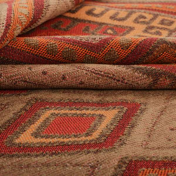 Brown Orange Red Colour Kilim Aztec Geometric Design Soft Chenille Upholstery Fabric JO-219