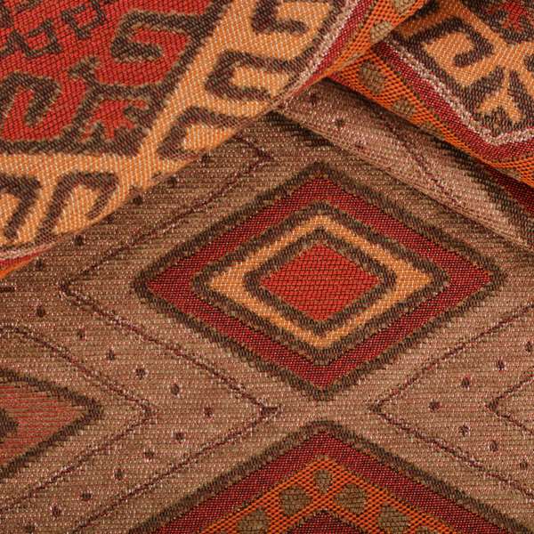 Brown Orange Red Colour Kilim Aztec Geometric Design Soft Chenille Upholstery Fabric JO-219 - Roman Blinds