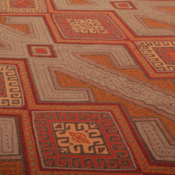 Brown Orange Red Colour Kilim Aztec Geometric Design Soft Chenille Upholstery Fabric JO-219 - Roman Blinds