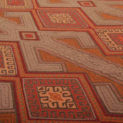 Brown Orange Red Colour Kilim Aztec Geometric Design Soft Chenille Upholstery Fabric JO-219