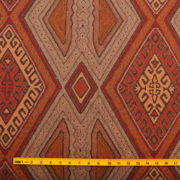 Brown Orange Red Colour Kilim Aztec Geometric Design Soft Chenille Upholstery Fabric JO-219 - Roman Blinds