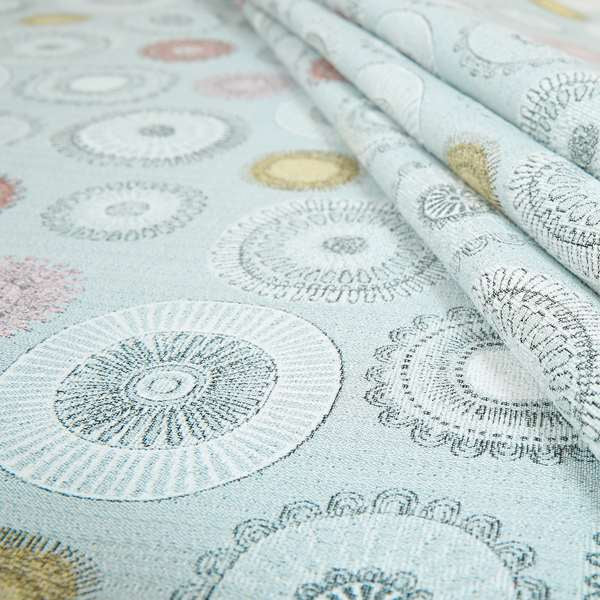 Blue Yellow Pink Coloured Round Medallion Inspired Design Soft Chenille Upholstery Fabric JO-22 - Roman Blinds