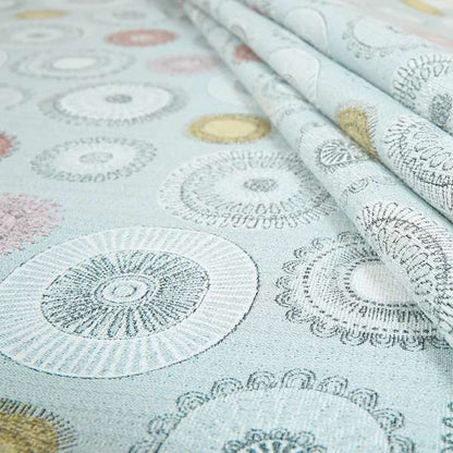 Blue Yellow Pink Coloured Round Medallion Inspired Design Soft Chenille Upholstery Fabric JO-22 - Made To Measure Curtains