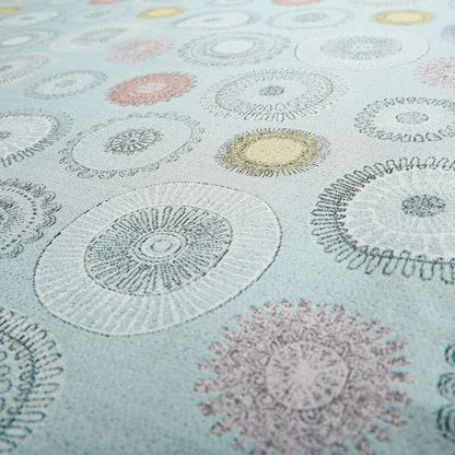 Blue Yellow Pink Coloured Round Medallion Inspired Design Soft Chenille Upholstery Fabric JO-22