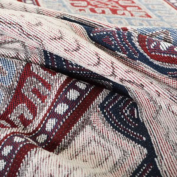 Cream Wine Blue Colour Kilim Aztec Geometric Design Soft Chenille Upholstery Fabric JO-220 - Roman Blinds