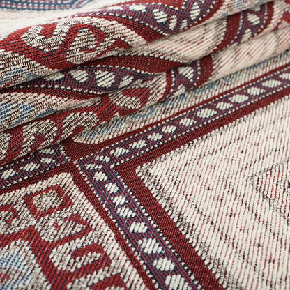 Cream Wine Blue Colour Kilim Aztec Geometric Design Soft Chenille Upholstery Fabric JO-220 - Roman Blinds