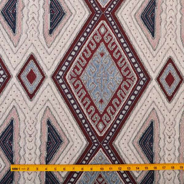 Cream Wine Blue Colour Kilim Aztec Geometric Design Soft Chenille Upholstery Fabric JO-220