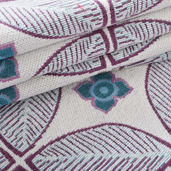 White Teal Pink Leaf Medallion Design Soft Chenille Upholstery Fabric JO-223