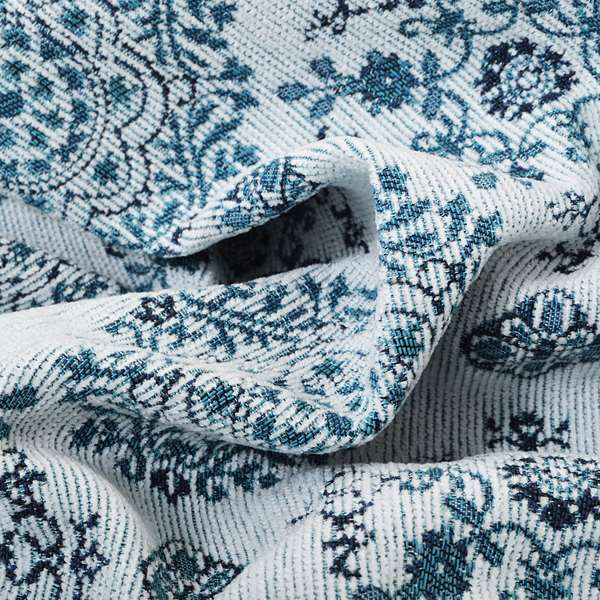 White Blue Medallion Design Soft Chenille Upholstery Fabric JO-224