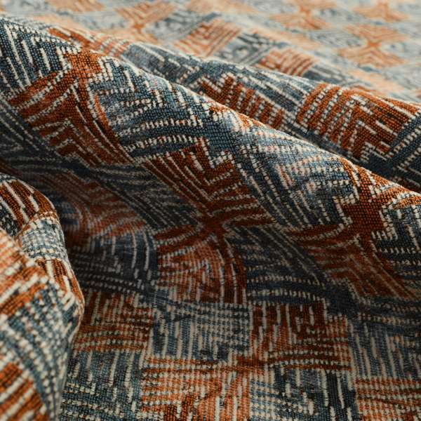 Blue Orange Checker Balanced Design Soft Chenille Upholstery Fabric JO-226