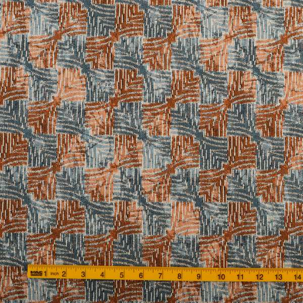 Blue Orange Checker Balanced Design Soft Chenille Upholstery Fabric JO-226