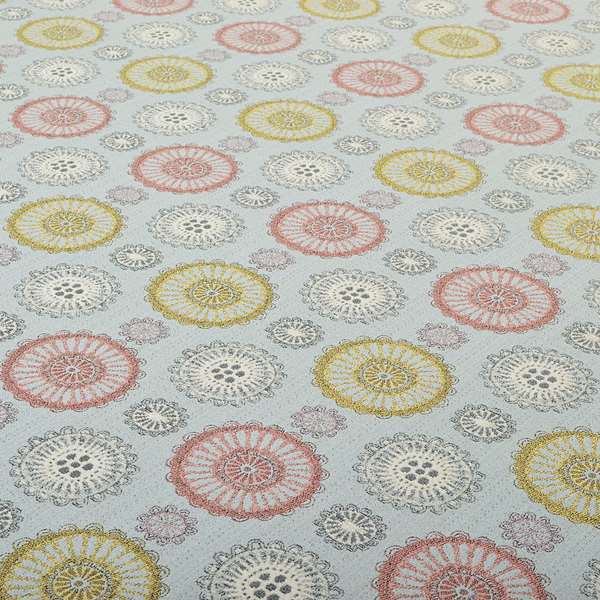 Light Blue Yellow Pink Coloured Round Medallion Inspired Design Soft Chenille Upholstery Fabric JO-227 - Roman Blinds