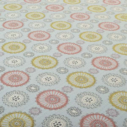 Light Blue Yellow Pink Coloured Round Medallion Inspired Design Soft Chenille Upholstery Fabric JO-227 - Roman Blinds